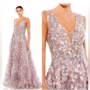 Mac Duggal FLORAL EMBROIDERED ILLUSION V-NECK GOWN Lilac